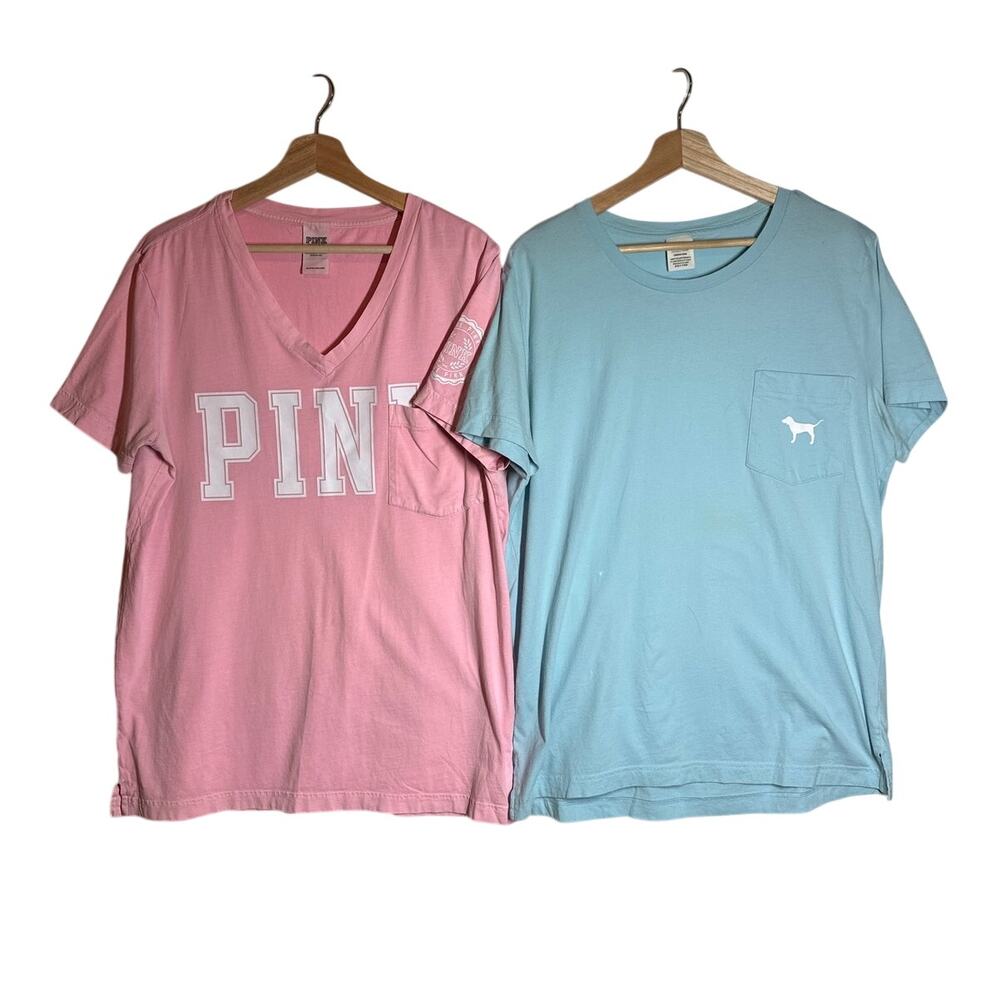 Victoria’s Secret PINK Campus Tee Bundle Pocket Logo Spellout Pink Blue Sz L